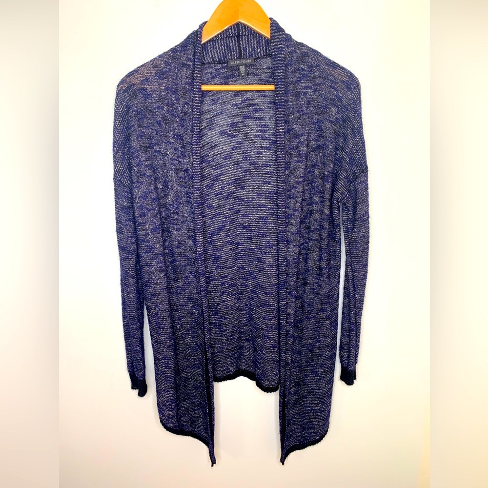 Eileen Fisher Cardigan Sweater Open Front Navy Black Linen Blend Size Small